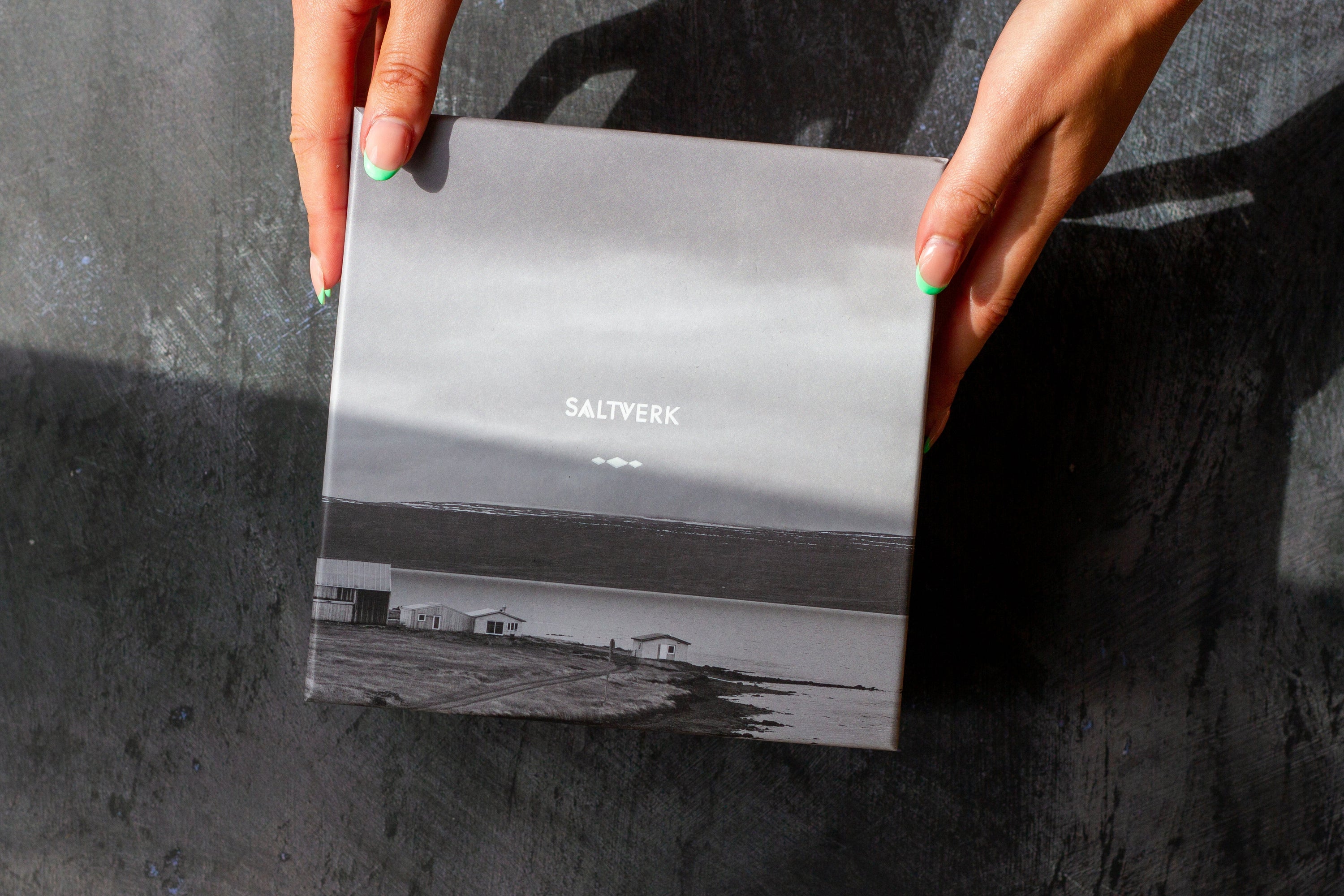 Person holding a book titled 'Saltwater' on a dark surface