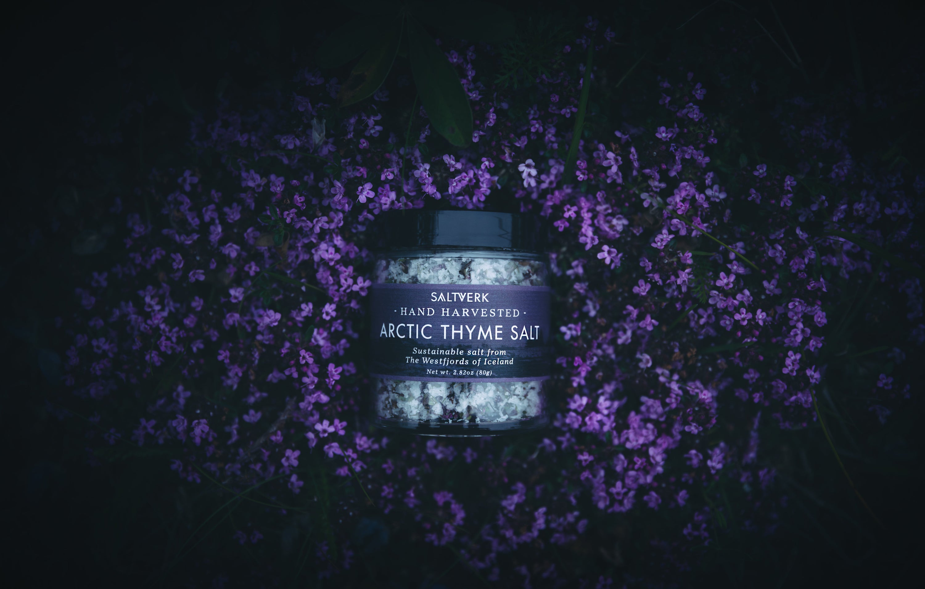 Jar of Arctic Thyme Salt surrounded by purple flowers on a dark background